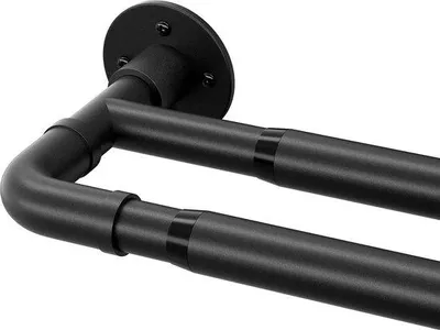 Productafbeelding van Ibenzoa® Dubbele verstelbare gordijnstang, industriële wandbevestiging, zwart, 74–127 cm, Ø 2,5 cm, ijzer, met beugels, draagvermogen 10 kg