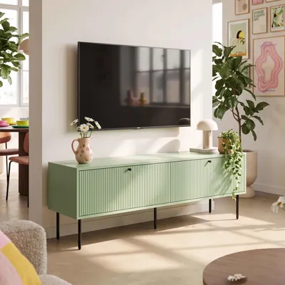 Immagine prodotto di Mobile TV a 2 ante in acciaio e MDF decoro 150 cm verde salvia - Oviala Romeo