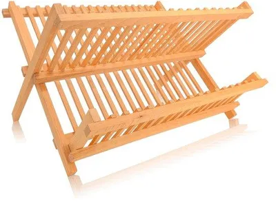 Zdjęcie produktu dla Unyqoos® Praktyczna, składana suszarka do naczyń z drewna bukowego – dwupoziomowa, odporna na wilgoć, idealna do naczyń w kuchni i w podróży