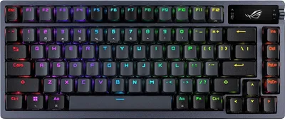 A top-down view of a gaming keyboard with RGB lighting.