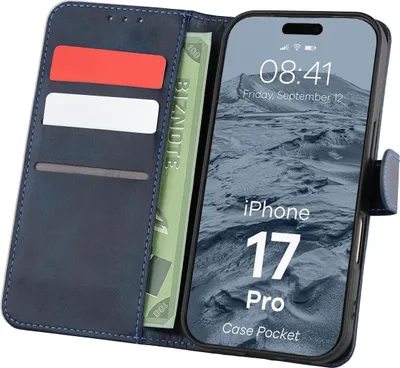 Produktbild von Handyhülle mit Klappe für iPhone 17 Pro, Bizon Case Pocket, Dunkelblau