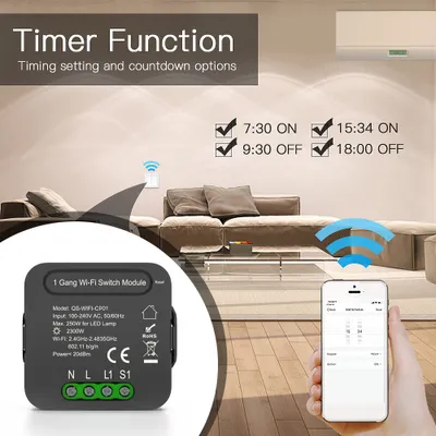 Imagen del producto de QS-WIFI-CP01: Módulo inteligente para interruptor WiFi Tuya. Módulo de conversión para interruptor inteligente, compatible con dispositivos de control remoto a través de la aplicación móvil. Permite compartir dispositivos, programar horarios y es compatible con Alexa para control por voz en el hogar. (Interruptor de 1 vía)