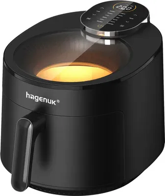 A black Hagenuk digital air fryer with a transparent lid and a digital display on top.