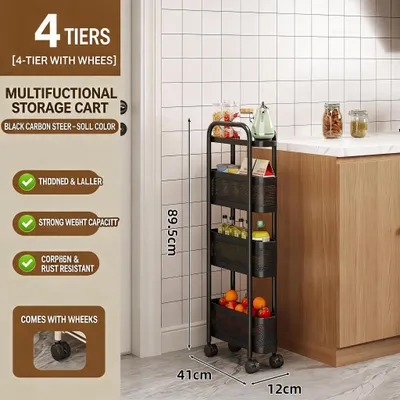 Productafbeelding van Smalle opbergwagen - Keukenwagen - 4 niveaus - 12 cm breed - 360° draaibaar - Staal - Wielen - Zwart
