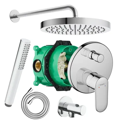 Produktbild von HANSGROHE VERNIS BLEND Unterputz Armatur + Ibox | inkl. DEUSENFELD & BOFLER Duschset #50, Regendusche Ø30cm, Brausearm 42cm, Brauseset, verchromt