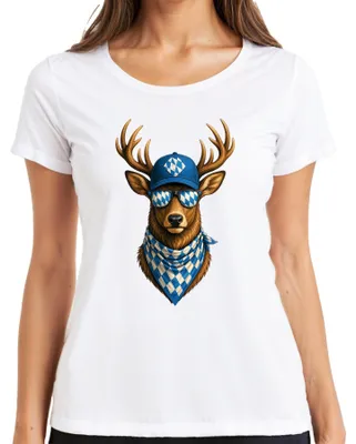Zdjęcie produktu dla Okulary przeciwsłoneczne "Hirsch Bayern", koszulka damska, biała, rozmiar M. (Motyw: , Lederhose, Dirndl)