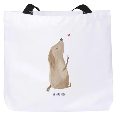 Produktbild von Mr. & Mrs. Panda Strandtasche Hund Liebe - Weiß - Geschenk, Hunde, Laptoptasche, Herz, Hundemotiv, Tasche, Schultasche, Tote Bag, Reisetasche