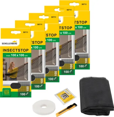 Produktbild von Schellenberg 5er Pack 50711 Fliegengitter für Fenster, Insektenschutz ohne bohren, zuverlässiger Schutz gegen Mücken, Fliegen und Insekten mit Befestigungsband, 100 x 100 cm, anthrazit