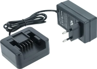 A black battery charger and its power adapter are shown on a white background.