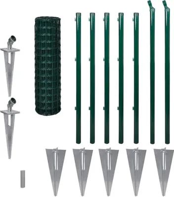 A collection of fence posts, wire mesh, and stakes arranged on a white background.