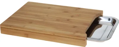 Produktbild von Bambus Küchenbrett mit Edelstahl Auffangschale - 35 x 25 cm - Holz Schneidebrett mit Schale