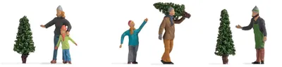 Produktbild von NOCH Christbaumverkauf Figurenset mit 5 Figuren und 3 Christbäumen aus Kunststoff für Spur N 1:160, perfekt für weihnachtliche Dioramen