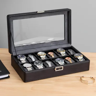 Immagine prodotto di Organizzatore per la conservazione di 12 orologi elegante scatola con scomparti e copertura trasparente