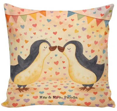 Produktbild von Mr. & Mrs. Panda 40x40 kissen Pinguin Liebe Design - Weiß - Geschenk, Freundin, Jahrestag, Love, bedruckt, kuschelkissen, Vertraut, Hochzeit, für couch, Deko, Verlobter