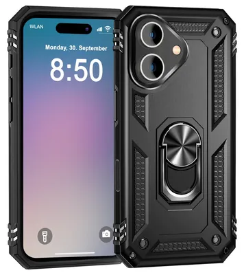 Image de Coque de protection NALIA pour iPhone 16 – Anneau de support à 360° et fixation magnétique – RINGDEFEND (coque outdoor résistante aux chocs) – Marque berlinoise – Noir