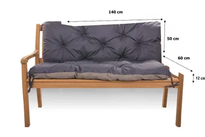 A dark blue tufted cushion on a wooden garden bench, with dimensions indicated by lines and text.