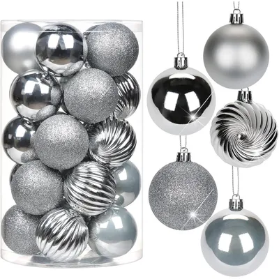 Immagine prodotto di Palline natalizie da 6 cm, confezione da 25 pezzi, in plastica infrangibile, colore argento, decorazioni natalizie, addobbi per l'albero
