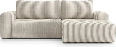 A beige corduroy sectional sofa.