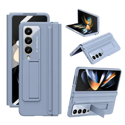 Obrázek produktu pro Pouzdro pro Samsung Galaxy Z Fold 4 5G Tenké Kožené kryt s ochranou pantu, integrovanou ochranou displeje a stojánkem modré