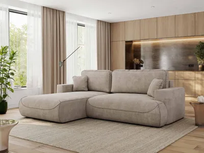 Produktbild von MKS MEBLE Ecksofa OVO mit Schlaffunktion und Bettkasten, Beige Struktur, L-form Couch, 4-Sitzer Ecksofa, 271x195x95 cm - Links Seite