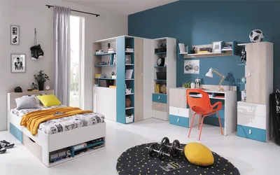 Produktbild von Jugendzimmer Set 6-teilig PITTSBURGH-133 mit Jugendbett 90x200 in weiß mit Eiche und blau