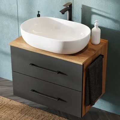 Produktbild von Planetmöbel LUX Badmöbel-Set Waschtisch mit Unterschrank 70 cm hängend Gold Eiche/Anthrazit inkl. Aufsatz-Waschbecken 60 cm Weiß
