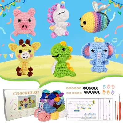 Produktbild von Häkelset für Anfänger 6 Amigurumi Tiere DIY Garn & Zubehör Video Anleitung