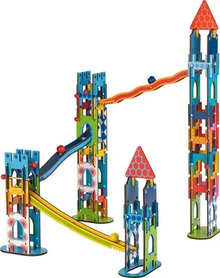 Produktbild von goki 53896 Kugelbahn Ritterburg Dach= 7,4 x 0,5 x 10,5 cm, 79 Teile, Holz, mehrfarbig