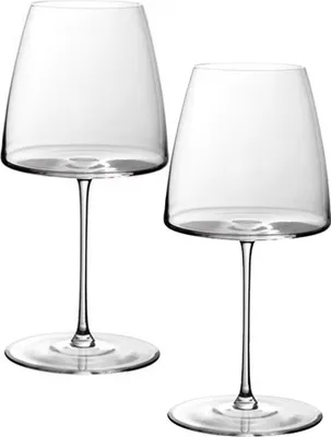 Two clear wine glasses on a white background.