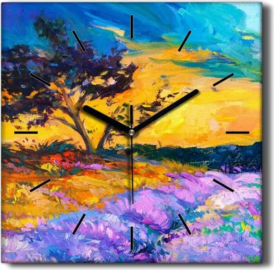 Produktbild von Coloray Hodiny Unikátní 30x30 cm  Tiché hodiny Pro obývací pokoj a kuchyň Nástěnné hodiny Plátno Černé ručičky hodin - Stromový západ slunce obloha