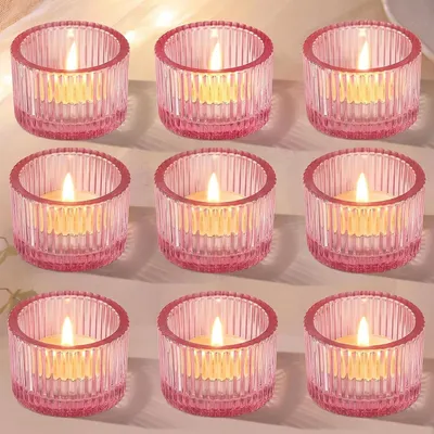Immagine prodotto di 9 portacandele in vetro rosa, dimensioni 5,2 x 3,5 cm