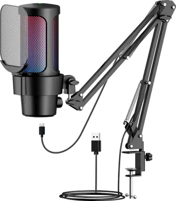 Zdjęcie produktu dla Mikrofon USB do gier, zestaw mikrofonów komputerowych, oświetlenie RGB, kardioidalna charakterystyka kierunkowa, nagrywanie, szybkie wyciszanie i kontrola wzmocnienia z mocowaniem na wysięgniku do gier/spotkań/strumieniowania na żywo/nagrywania audio/wideo, plug & play, kompatybilny z iOS/Android/Windows/MacOS šC Czarny