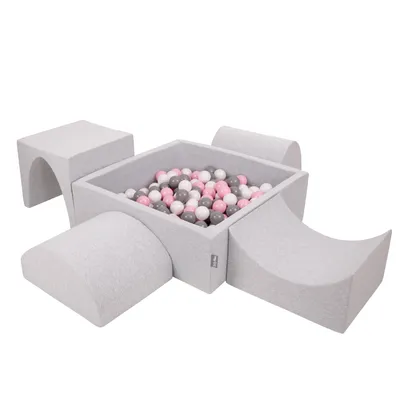 Obrázek produktu pro KiddyMoon pěnové hřiště pro děti s kulatým míčkem (200 ∅ 7cm), měkká překážková dráha a Kvadrát bazén s míčky, certifikováno  EU, Světle šedá:Bílá/Grey/Pudrově růžová, Version 1