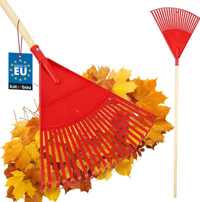 Obrázek produktu pro KOTARBAU® Hrablo na listí z plastu 48 cm s dřevěnou rukojetí 1,5 m Extra Click Hrablo na listí Hrablo na podzimní listí a stříhané živé ploty Zahradní hrablo z plastu Červené a lakované dřevo