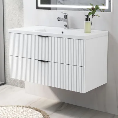 Produktbild von Waschtisch mit Unterschrank 100cm RIVA Badmöbel Set Weiß Keramik Waschbecken mit Unterschrank MDF Softclose
