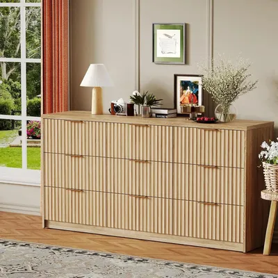 Image de Commode - Commode à 9 tiroirs - Bois - Façade rainurée - Grand espace de rangement pour chambre, salon ou bureau - Style moderne et minimaliste - Marron