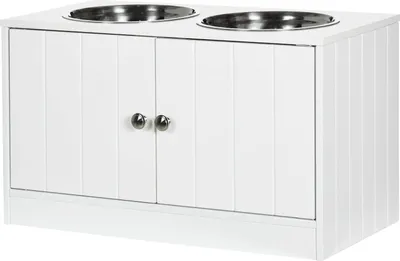 Produktbild von Hundenäpfe, Erhöhtes Futterstation Mit 2 Edelstahlschüsseln, Hundenapfständer Mit 44L Stauraum, Magnettüren, Fressnapf, Wassernapf, Weiß