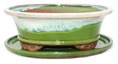 Produktbild von Bonsai-Schale mit Unterteller Gr. 4 Sonderglasur mit edlem Farbverlauf-Effekt oval 09 hellgrün-beige  L 25,5cm B 21cm H 9cm
