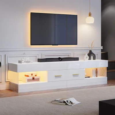 Produktbild von Merax TV-Schrank mit LED und 2 Schubladen,  TV Lowboard mit Offenen Fächern und Acrylglas, TV Möbel Modernes Lowboard für Wohnzimmer, Weiß