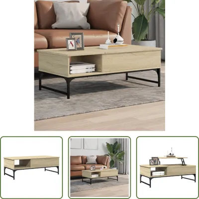 A collage of images showing a light wood coffee table with black metal legs. The main image shows the coffee table in a living room setting with a sofa and rug. The other images show the coffee table from different angles and in different settings.
