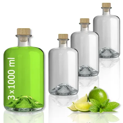 Produktbild von 3 Glasflaschen 1000 ml leer zum selbst Befüllen mit Korken Apothekerflasche Essig Öl Flasche Schnapsflaschen Likörflaschen