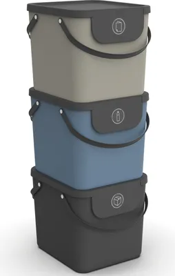 Three stackable storage boxes with lids, each with a different recycling symbol on the lid flap.