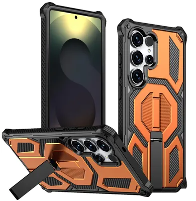 Image de Étui magnétique pour Samsung Galaxy S25 Ultra, compatible MagSafe, avec support métallique, étui antichoc de qualité militaire, orange