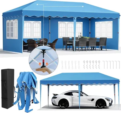 Obrázok produktu pre Skladací altánok 3x6 m - Záhradný altánok/party stan - Rýchla montáž jedným tlačidlom - Vodotesný HDPE sPolyuretánpovlakom - Hliníkový rám - 4 bočné steny - Modrá farba