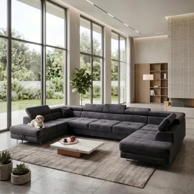 Produktbild von MUFFO Ecksofa U-Form WILD MAXI U2 mit Schlaffunktion 125x329 Velours Anthrazit