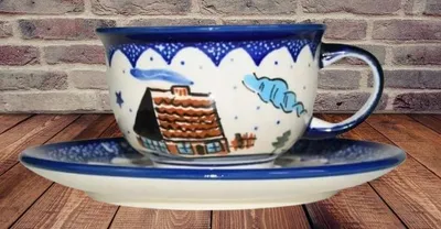 Produktbild von Bolesławiec Tasse + Untertasse 220 ml DU10 handdekoriert