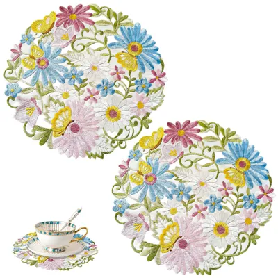 2er-Set runde Platzsets mit Margeriten-Stickerei, Ø 35 cm