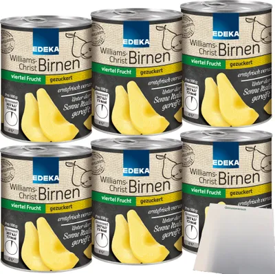Produktbild von Edeka Williams-Christ-Birnen viertel Frucht gezuckert 6er Pack (6x225g Dose) + usy Block