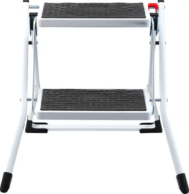 A white, two-step folding ladder with black anti-slip treads.