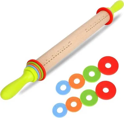 Produktbild von Famanu Holz-Teigrolle verstellbar mit 4 abnehmbaren Ringen – 36 cm – ideal für Pizzateig und Gebäck
